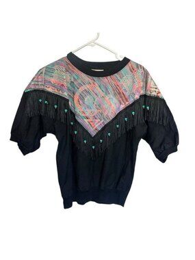 Hazel Wood Southwestern Fringe Black Top Womens M Multicolor Graphic Vintage